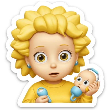 A 3D cartoon baby character yellow, yellow skin, styled like Maggie Simpson, with pacifier, yellow onesie, big eyes, smooth shading, Memoji-style rendering, consistent with other yellow Simpsons characters. sticker