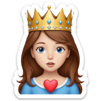 a girl with brown hair, blue eyes and freckles, who wears a crown and is blowing a heart kiss  sticker