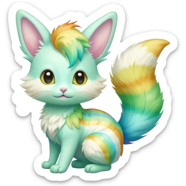  cute adorable yellow-green-turquoise-gradients albino fur with random colorful iridescent rainbow markings beautiful elegant pretty precious cute  Fakémon-Pokémon-opossum-feline-serval-caracal-chinchilla-Minccino-hybrid-creature with a big fluffy bushy striped tail (full body) sticker