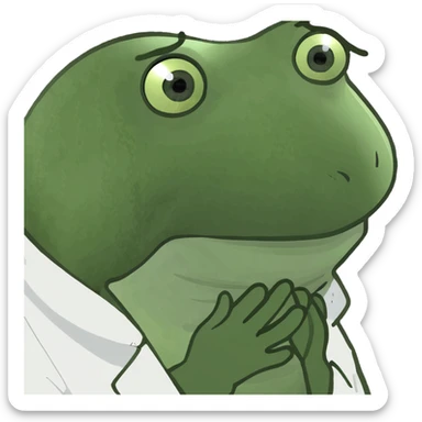 bufo frog as a doctor, white coat, teary sad eyes, direct gaze sticker