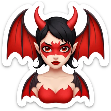 Demon girl: red skin, black hair, small horns, bat wing; tattoo-flash comic style; red/black palette; bold outlines; dark background; no text. sticker