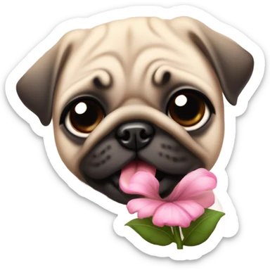 Baby pug playing with a flower pink eyes  sticker