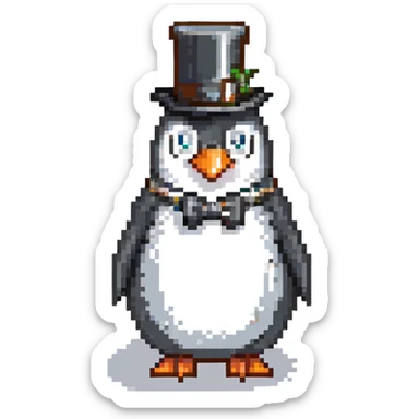 elegant penguin with monocle and top hat, pixel art style sticker