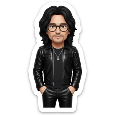 Bono with long black hair, black shirt, black vinyl jacket, black vinyl baggy pants, sliver necklace, black glasses sticker