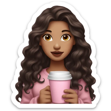 White skin , super dark brown wavy long hair , pink lips , pink cheeks, holding coffee, cozy sticker