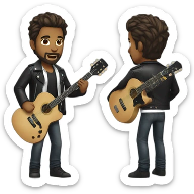 A young man with a fashionable hairstyle and beard, dressed in a white shirt and a black leather jacket, plays the guitar sticker