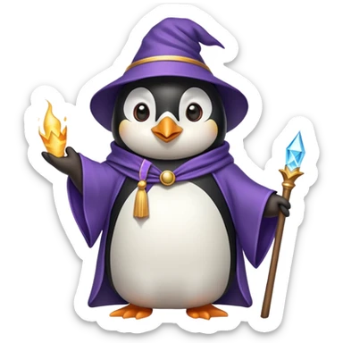 penguin wearing wizard hat and robe casting magic sticker