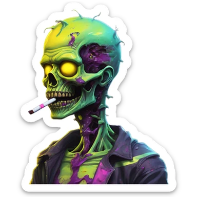 .Zombie_ Vaporwave black holographic oilslick zombie , _vaping_ .vape_ unicorn smoking, yellow caution tape  sticker