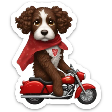 A chocolate brown doodle with wavy fur wearing a red and black handkerchief riding a motorcycle sticker