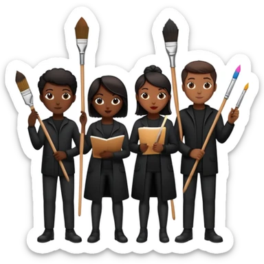 Group of creative people in black outfits, holding paintbrushes, scripts, or tools – theatrical, collaborative vibe sticker