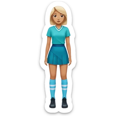 woman wearing teal wrap shirt, blue a-line skirt, light blue knee-high socks sticker