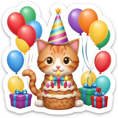 Ginger tabby kitten celebrates birthday, birthday hat, birthday cake, balloons, happy, gifts sticker