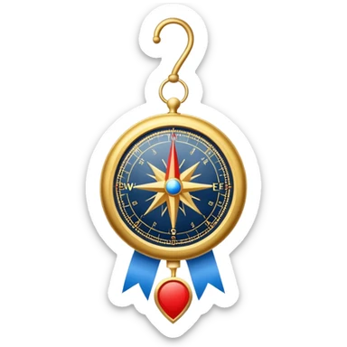 iOS compass with gold trim and blue and red direction markers hanging from a white ribbon sticker