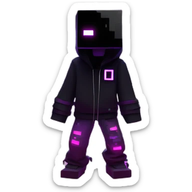 Minecraft Creeper wearing a black hoodie with "OMG" letters on it and VR headset in a cyberpunk VR environment with violet neon lighting. sticker