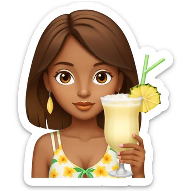 generate a brown skinned girl with brown hair wearing a summer outfit sipping a pina colada sticker
