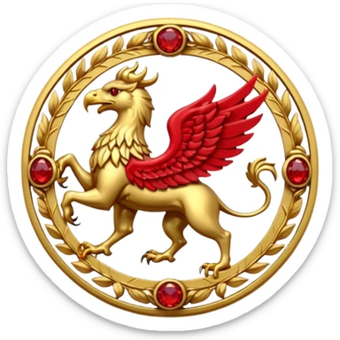 Golden griffin crest / brosch in a circle with red gems and no background sticker