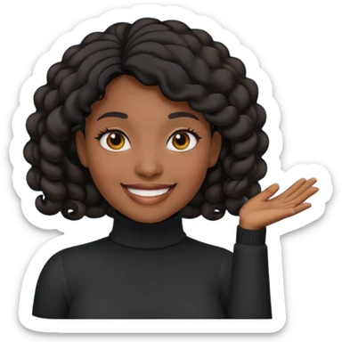 Create a custom emoji-style character inspired by a smiling black woman with curled black hair, dark skin tone, dark eyes, and wearing a turtleneck.  sticker