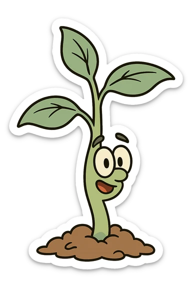 cartoon style illustration of a small young plant with a few leaves, simple and clear sticker