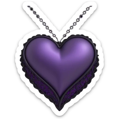 3D emoji gothic heart, deep purple satin, black lace trim, silver chain wrap, faint purple glow sticker