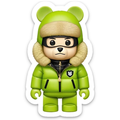 authentic cubic bearbrick figure with block head, wearing lime green balaclava with integrated black visor lens at eye area, oversized Supreme logo puffer jacket with large fur collar and fur trim, gold chains sticker