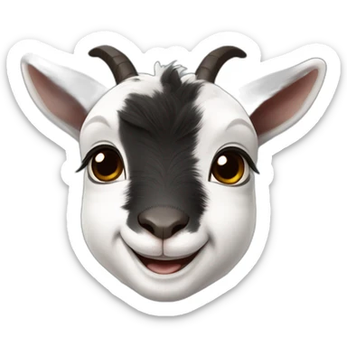 baby goat with a black face, brown eyes, grey ears and a white spot on their head, smiling sticker