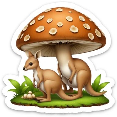 A kangaroo with mushroom caps instead of ears and spore-releasing pouches. It spreads mycelium networks wherever it hops, creating interconnected fungal colonies. sticker
