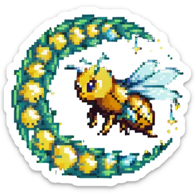 a bee trailing a swirl of glowing pixie dust, pixel art style sticker