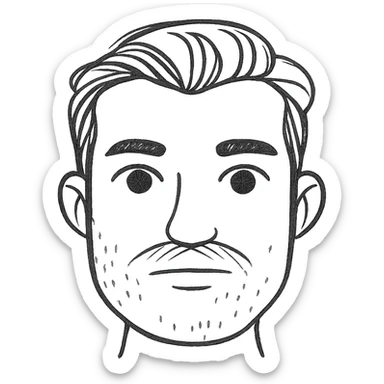 Make the beard less visible, just a hint of stubble, keep the style and background transparent in hand drawn icon style with no fill. sticker