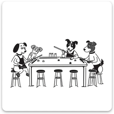 coloring page in Bobbie Goods style: bar scene with dogs playing pool, thick black lines, no color fill, ready to color sticker