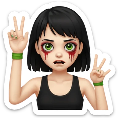 Crie um emoji de zumbi garota do iphone, que tenha o cabelo preto longo, pele levemente esverdeada, de cumprimento no peito, que tenha uma franja no tamanho da sobrancelha, com os olhos escuros e que use uma regata preta sticker