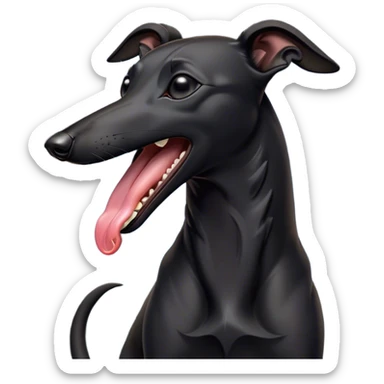 Cinematic Cute Yawning Black Greyhound Portrait Emoji, Head tilted slightly with a dramatic, wide-open yawn, showcasing a sleek black Fur with a polished finish, floppy ears slightly drooping, round dark eyes barely open in drowsy contentment, Simplified yet irresistibly adorable features, highly detailed, glowing with a soft, cozy glow, high shine, relaxed yet expressive, stylized with a touch of whimsy, bright and endearing, soft glowing outline, capturing the essence of a sleepy yet affectionate racer, so drowsy it feels like it could stretch out of the screen and curl up for a nap! sticker