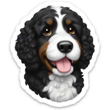 A black bernadoodle breed dog. Black with a tuxedo-like white neck sticker