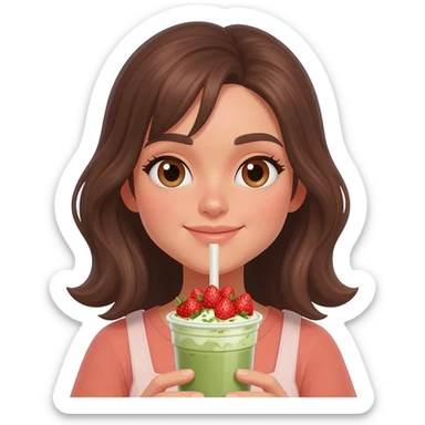 Brown hair girl white hazel eyes slight tan holding strawberry matcha sticker