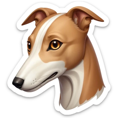 Cinematic Noble White and Brown Greyhound Portrait Emoji, Poised and regal, with a slender, aerodynamic build and a sleek Fur of pristine white accented by warm brown markings, deep-set soulful eyes, Simplified yet sharp and sophisticated features, highly detailed, glowing with a soft, dignified glow, high shine, intelligent and agile, stylized with an air of elegance, focused and attentive, soft glowing outline, capturing the essence of a watchful and swift companion, so majestic it feels as though it could dash out of the screen with effortless authority! sticker