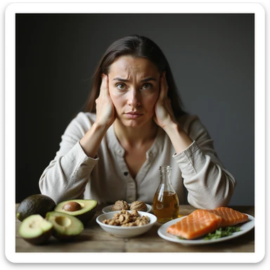 realistic scene of a confused woman in front of a table with avocado, olive oil, walnuts, and salmon, hyperrealistic details, 4K resolution, suggesting she does not know about good fats sticker
