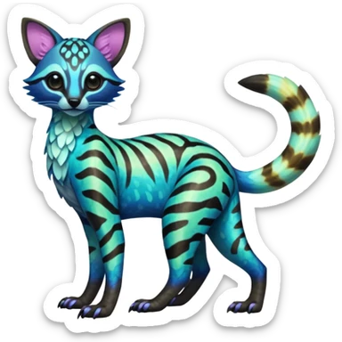 Rare realistic neon-colored iridescent shiny warm-colored lush tropical exotic cute epic pretty beautiful handsome gorgeous aesthetic colorful vibrant Vernid-Protogen-Primagen-Wickerbeast-Genet-Trico-species-Fakemon-hybrid-creature by LiLaiRa, beautiful intricate markings, full body sticker