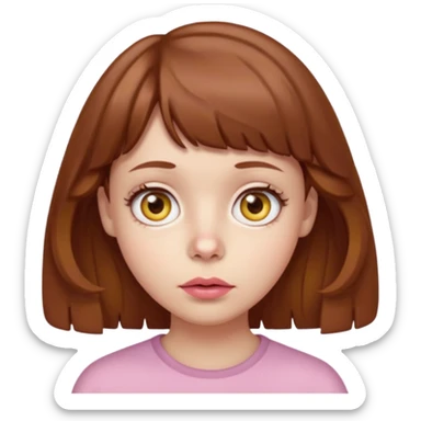 FAÇA UMA PERSONAGEM FOFA COM NARIZ DE BOLINHA AVERMELHADO CLARO E ZUMBI CABELO MARRON ONDULADO E FRANJA CURTA   COMO SE NÃO SOUBESSE OQ FEZ LÁBIOS CLAROS FECHADOS E OLHOS AMARELOS sticker