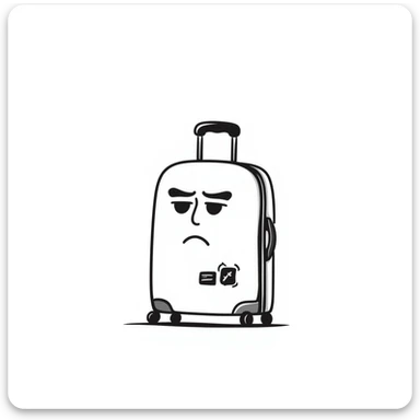 a black and white doodle style travel suitcase with an annoyed expression sticker