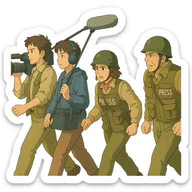 a flim crew, walking from left to right across frame: a cameraman, and a microphone operator, two people, war correspondents, tense moment sticker