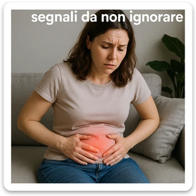 woman in casual clothing sitting on a sofa, bloated belly highlighted by red light, worried expression, Italian text: 'PCOS e pancia gonfia: segnali da non ignorare', 4K quality sticker