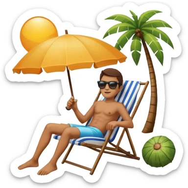 a dog laied on a beach chair, a sunny beach, a sun umbrella, and beach coconut trees. the icon should capture the essence of a relaxing beach vacation with a carefree atmosphere sticker