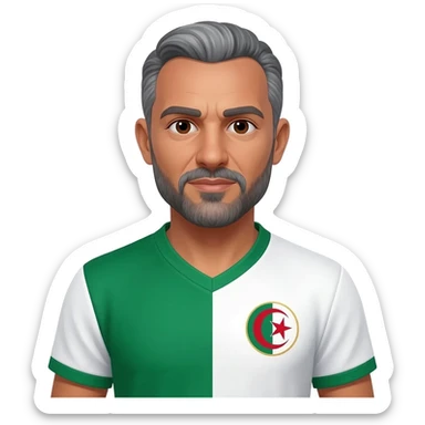 homme métisse algérien peau claire yeux marrons 60 ans cheveux gris avec barbe avec maillot blanc et vert foot Algérie sticker