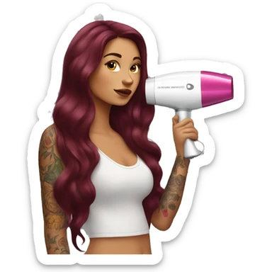 Beautiful tattooed  burgundy long haired woman blow drying her hair sticker