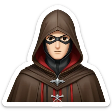 icon featuring Assasin's Creed in an iconic assassin's hood, standing tall against the backdrop of Florence. The design captures the essence of adventure, with intricate details of historical architecture and a sense of mystery. The character is poised, ready for action. transparent background. sticker