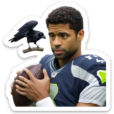 Russell Wilson holding a raven sticker