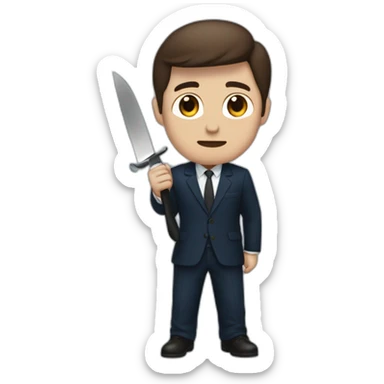 man his eyes dark blue and hes holding a knife and hes haveing a brown hair and suits and balck pants sticker