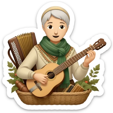 Create a warm and rustic emoji representing folk singing, using a humanless collage. The design should feature traditional folk instruments such as a balalaika, domra, or accordion, arranged around a vintage microphone to evoke a sense of community and storytelling. Include elements like a woven basket, traditional scarves, or musical notes to symbolize the connection to nature and heritage. Use earthy tones like brown, green, and gold, with subtle accents to emphasize the folk style. The background should be transparent. sticker