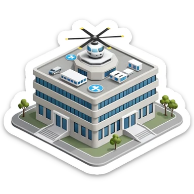 hospital isometric view building with heliport sticker