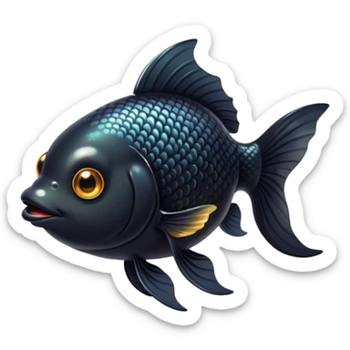 Cinematic Cute Black Goldfish Portrait Emoji, Head tilted playfully and inquisitively, featuring a glossy, deep black body with shimmering scales and round, sparkling golden eyes filled with curiosity, Simplified yet irresistibly adorable features, highly detailed, glowing with a warm, friendly glow, high shine, affectionate and lively, stylized with a touch of whimsy, bright and endearing, soft glowing outline, capturing the essence of a mischievous yet loving goldfish, so playful it feels like it could swim out of the screen and into your heart! sticker