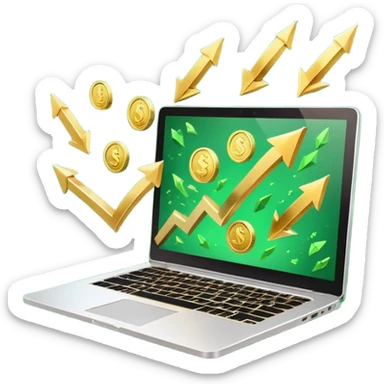 3D laptop icon with gold coins flying out of screen, green color (#0B3D2C), gold accents (#C9B037), upward arrows, glossy modern style, transparent background sticker